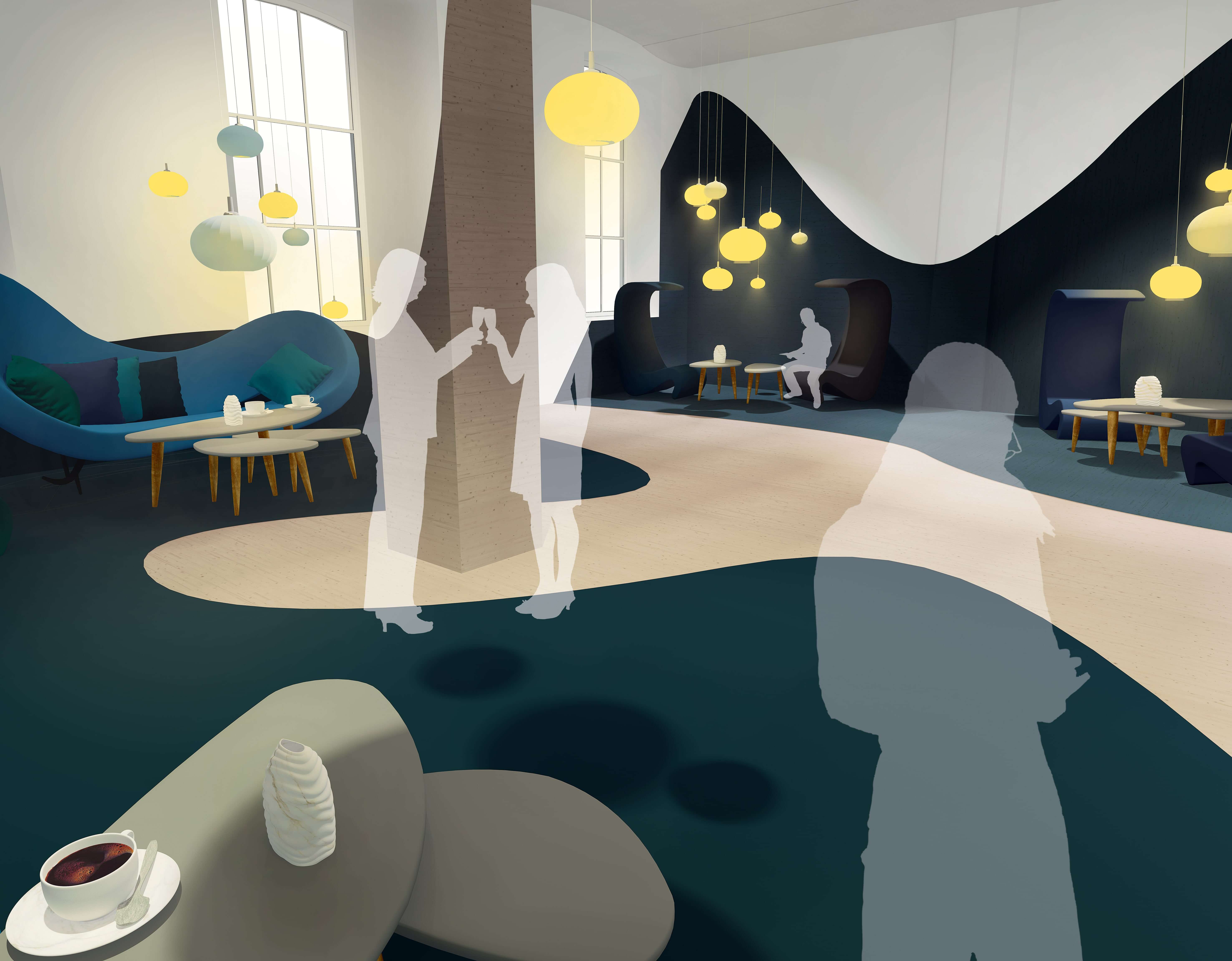 Lobby-Bereich mit Sitzgruppen und fließenden Formen