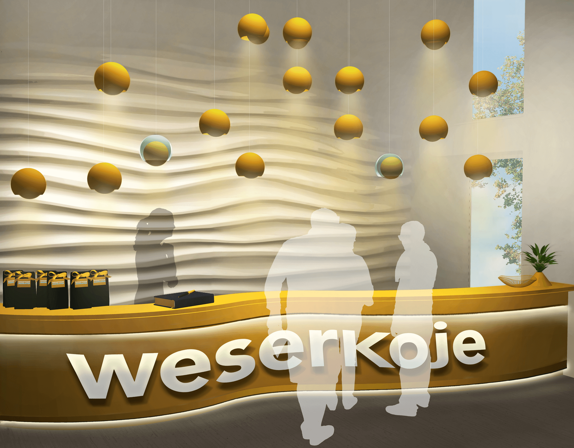 Empfangsbereich der weserkoje mit goldenem Thekenelement