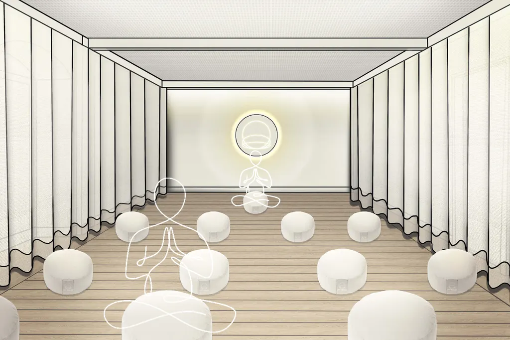 Entwurf des My Mind Studio mit Sitzkissen, Holzfußboden und ruhiger Lichtstimmung